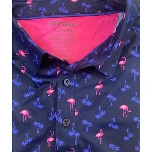 Birdie Bound Navy Flamingo Palm Tree Print Golf Polo Shirt Men's Size XL**NWOTXL